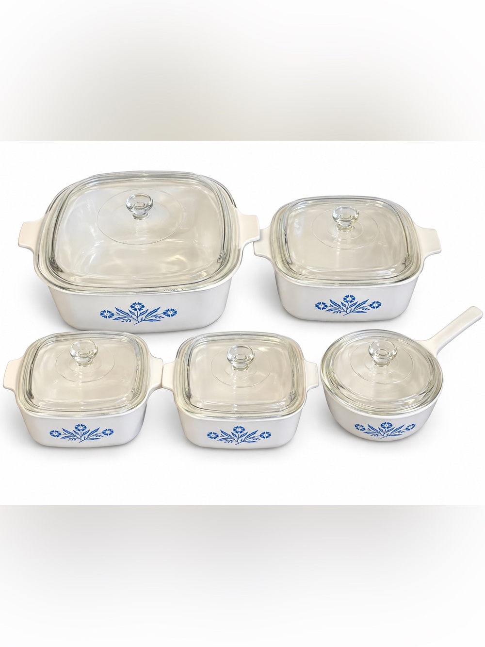 Vintage Corning Ware Blue Cornflower 5 Pc Cookware Set w/ Glass Lids USA